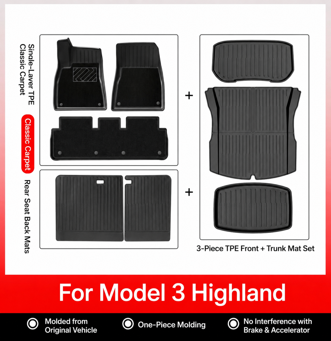 3D Molded TPE Floor Mats & Cargo Liners for Tesla Model Y/ 3/ Model Y Juniper/Model 3 Highland– All-Weather Protection